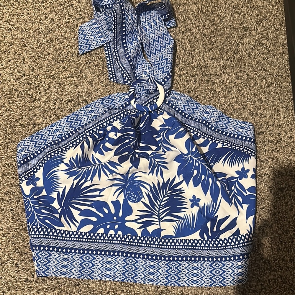Blue and White Tropical Print Halter Top